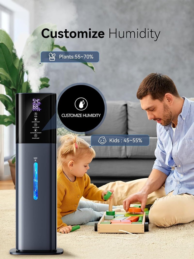 let'me Humidifiers for Bedroom, 2.11Gal 8L Quiet Humidifiers for Large Room with Timer, 360°Nozzle, 3 Speed Ultrasonic Cool Mist Humidifier with Humidistat for Baby, Customize humidity for Home Adults Plants - Image 5